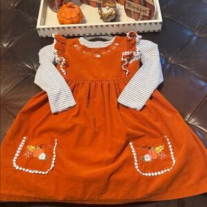 Bonnie Jean Orange Dress with Gray Striped Sleeves